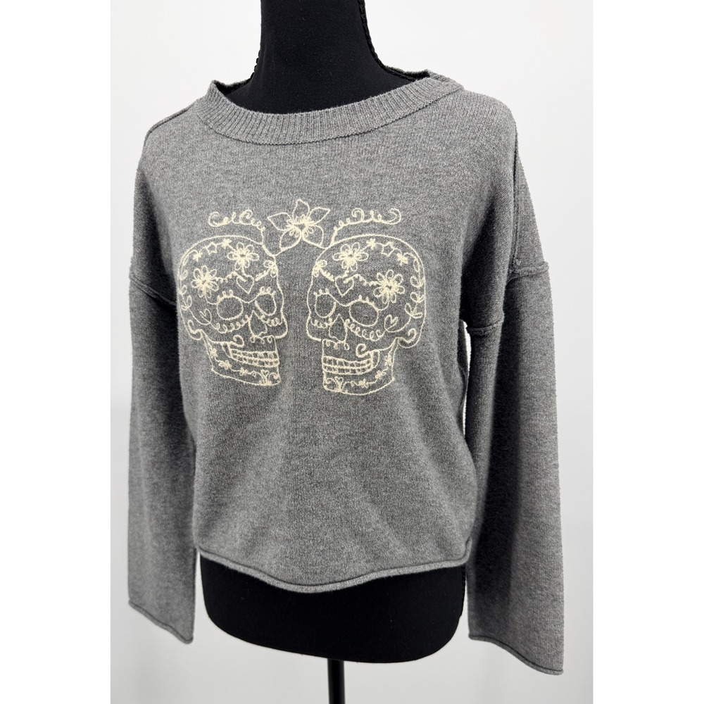 Haute Hippie Style Sweater Women S Gray Good Sugar Skull Embroidered Knit